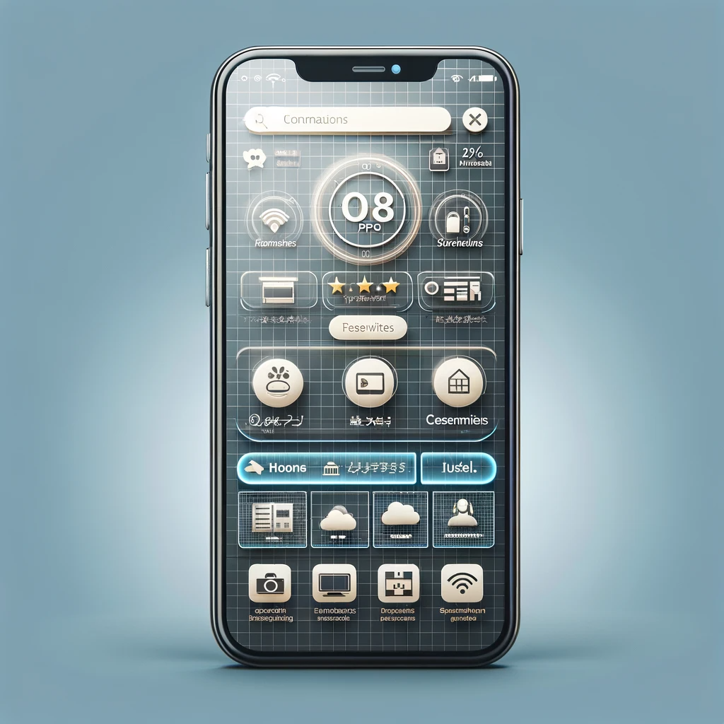DALL·E 2023-12-22 20.03.22 - A realistic mobile phone with a transparent background, displaying a user-friendly interface for a hotel chain's app. The phone is shown in a direct f