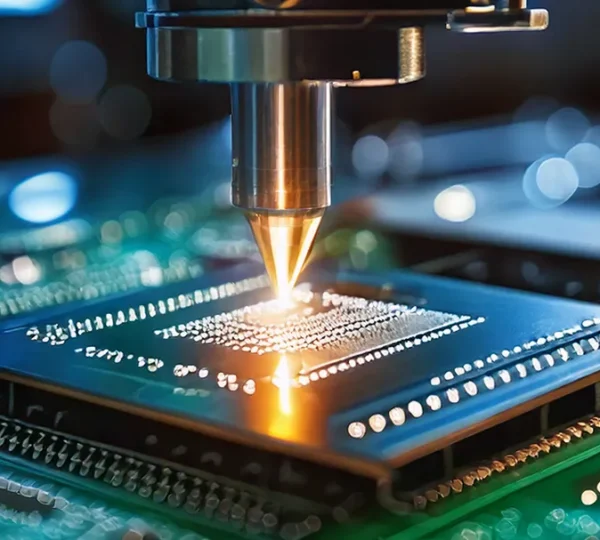 A close-up image of a laser etching process on a microchip circuit board, highlighting the precision and intricacy of modern electronics manufacturing
