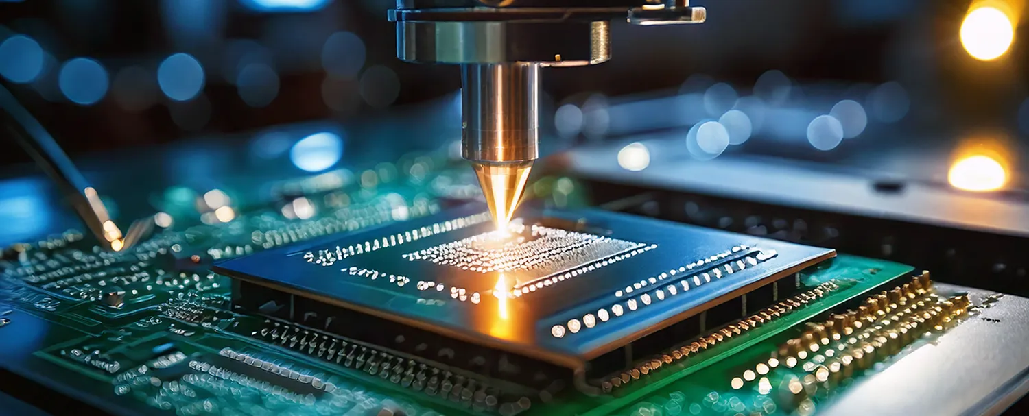 A close-up image of a laser etching process on a microchip circuit board, highlighting the precision and intricacy of modern electronics manufacturing